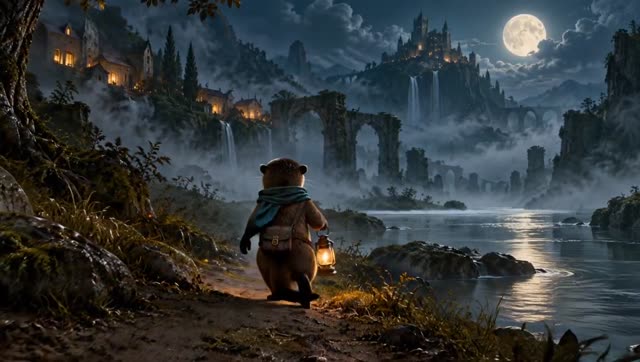 Wick the otter walking along the riverbank with his lantern